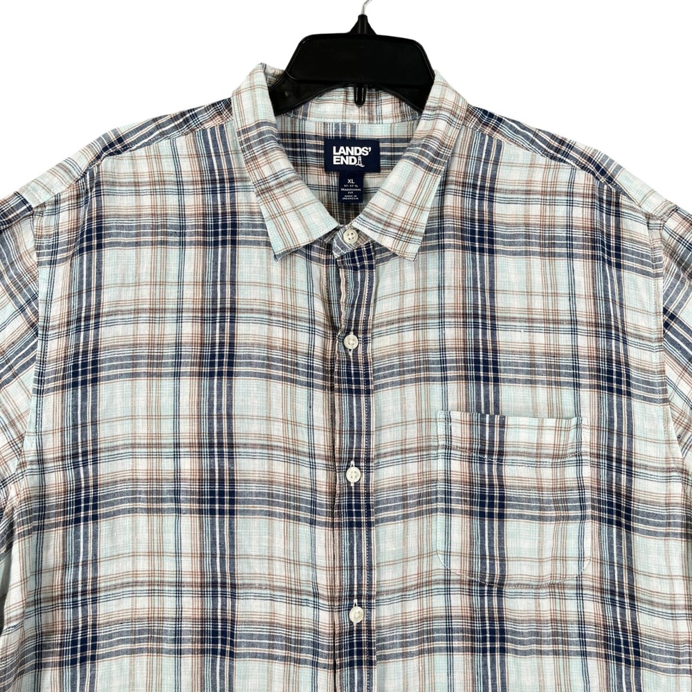 Lands End Linen Shirt Mens XL Blue Plaid Short Sleeve Button Down